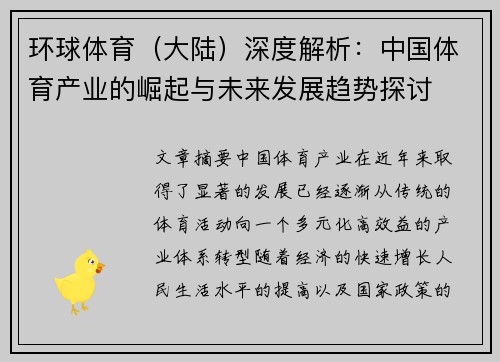 环球体育（大陆）深度解析：中国体育产业的崛起与未来发展趋势探讨